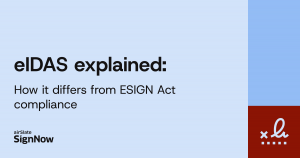 A blue blog thumbnail image with text: eIDAS explained: How it differs from ESIGN Act compliance.